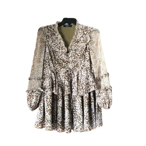 Anthropologie OPT Romantic V-N-Neck Floral Balloon Sleeve Tiered Mini Dress - S - Picture 1 of 15